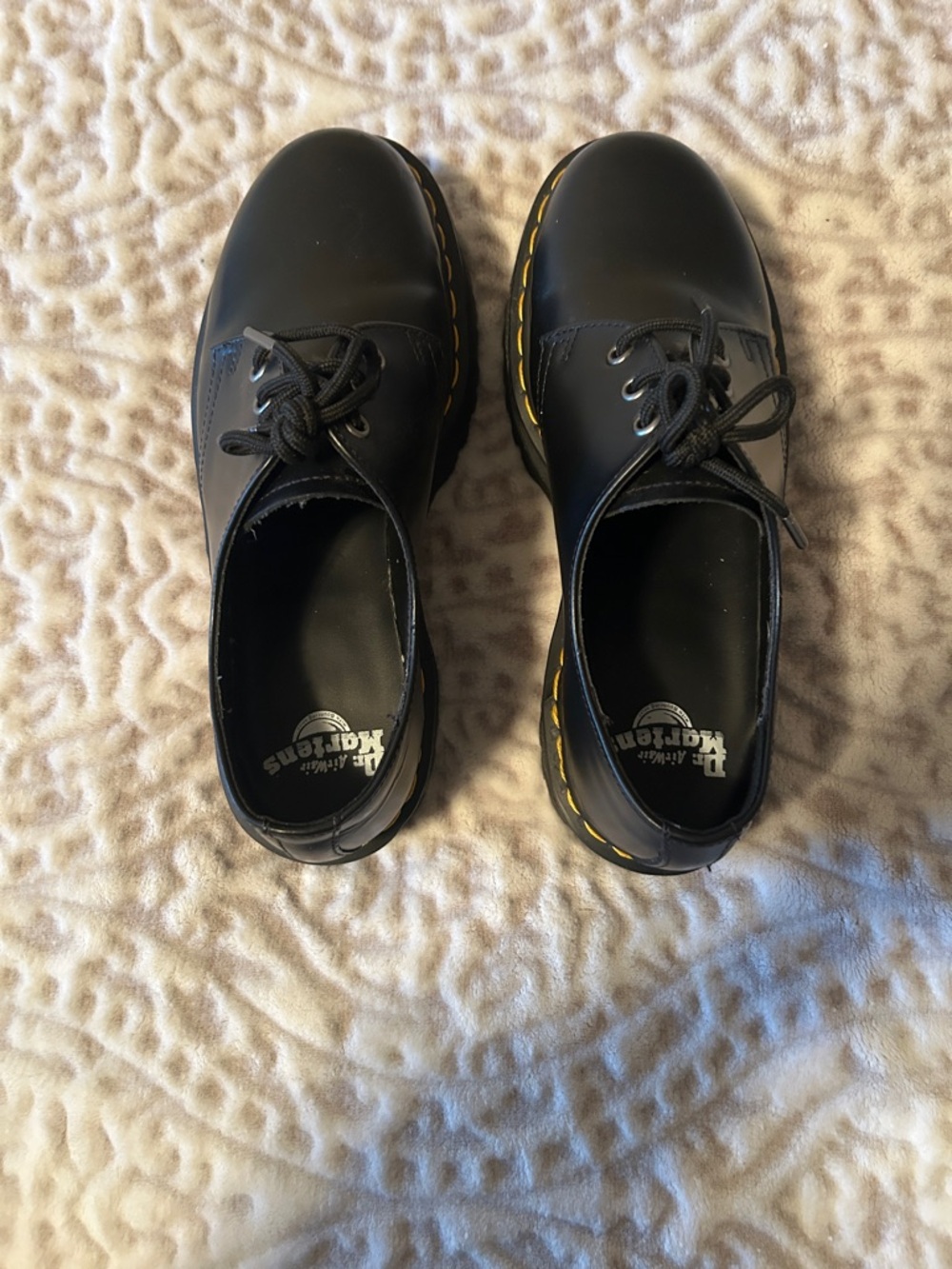 Dr. Martens Black Leather Lace-Up Shoes with Yellow Stitching